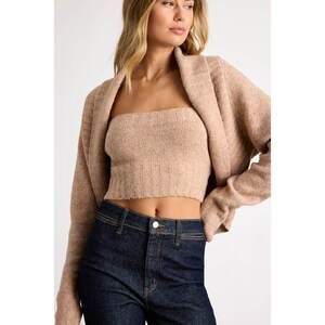 Lulus Almaya Tan Marled Knit Crop Top And Cardigan Sweater Set Brown - Size M
